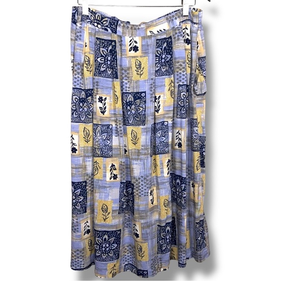 Vintage Sag Harbor Large Floral Blue Yellow Midi Skirt Elastic Waistband Retro - Picture 1 of 12
